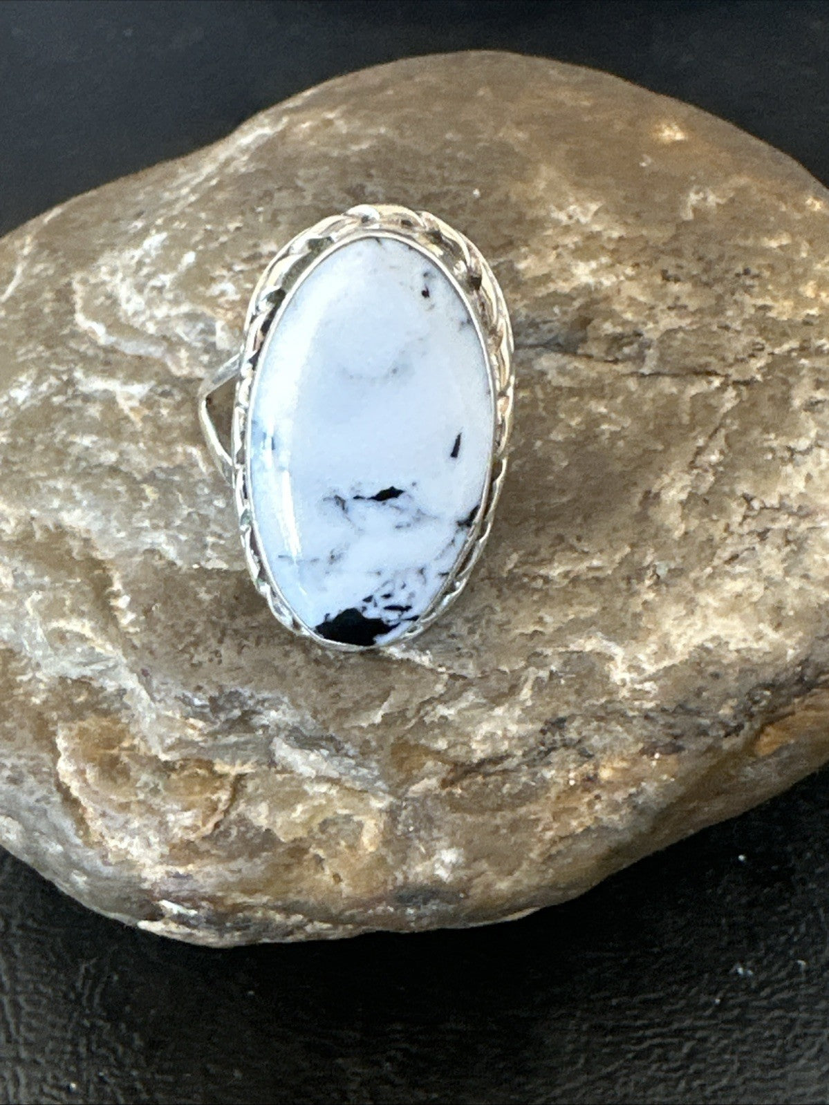 Navajo White Buffalo Turquoise Ring Sterling Silver Sz 8.5 19766