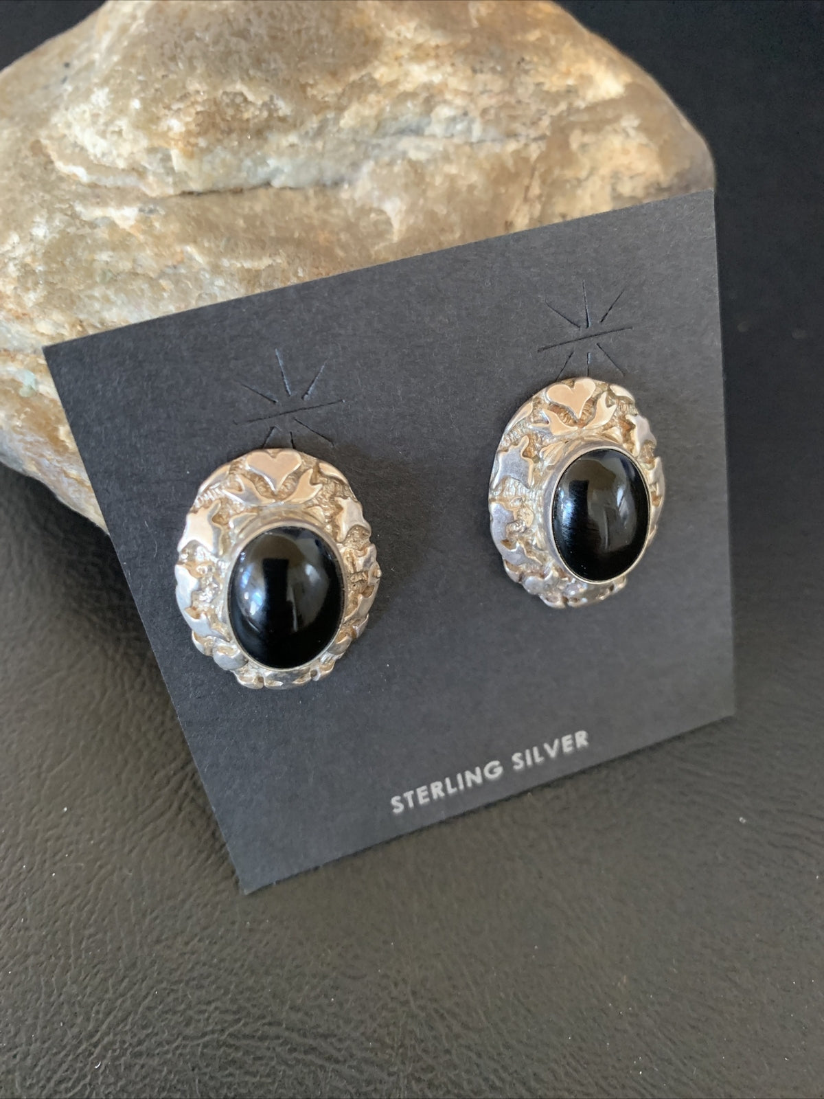 Native American Womens Nugget Sterling Silver Black Onyx Earrings 1" 13047