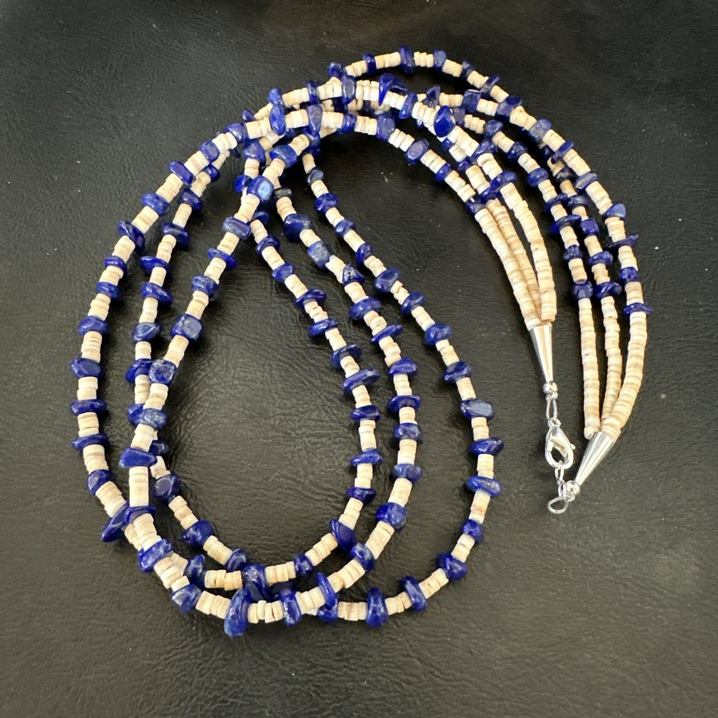 Blue Lapis Lazuli Tan Shell 3 Strand Navajo Sterling Silver Necklace 21” 19703