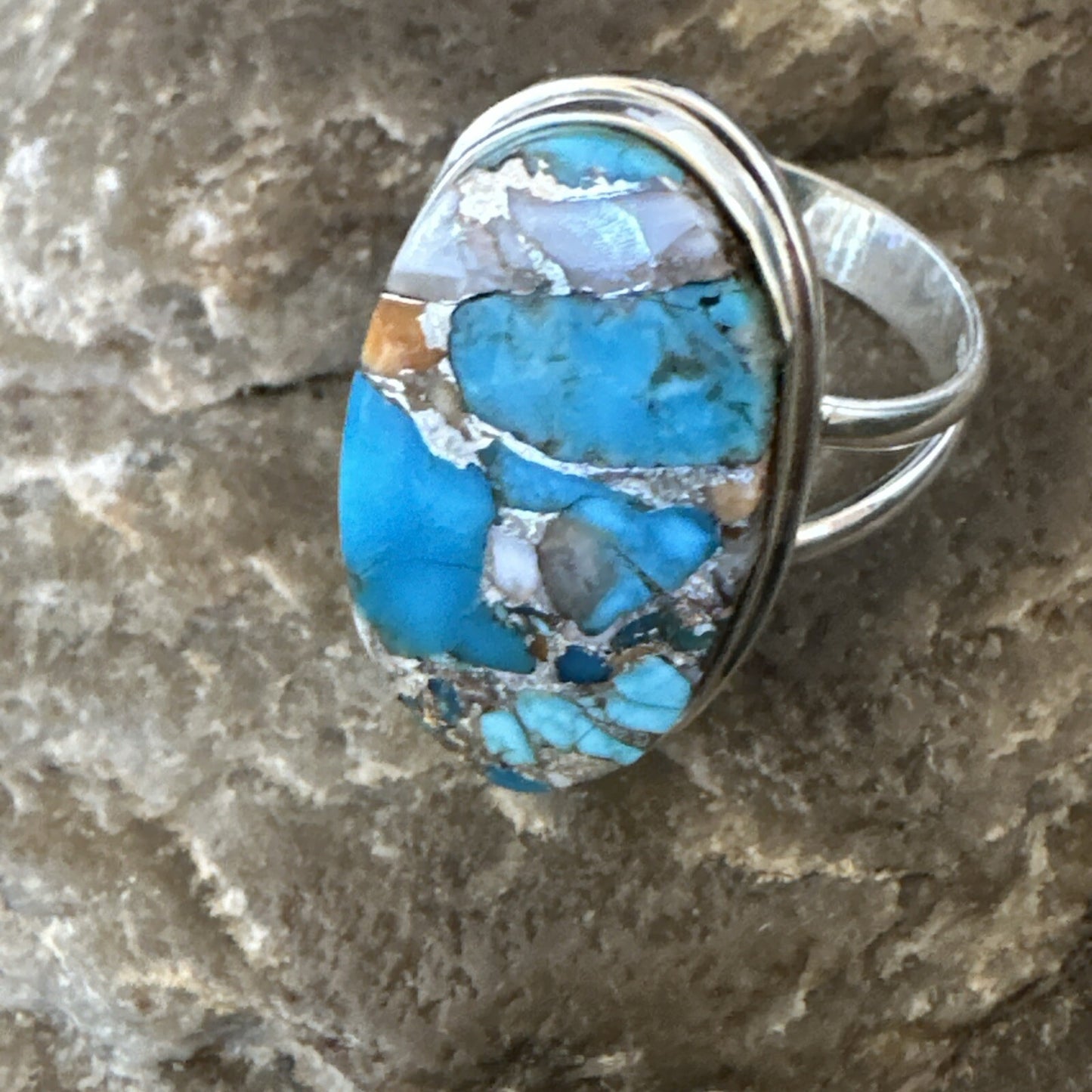 Blue Turquoise Spiny Oyster Southwestern Sterling Silver Ring Size 9 18538