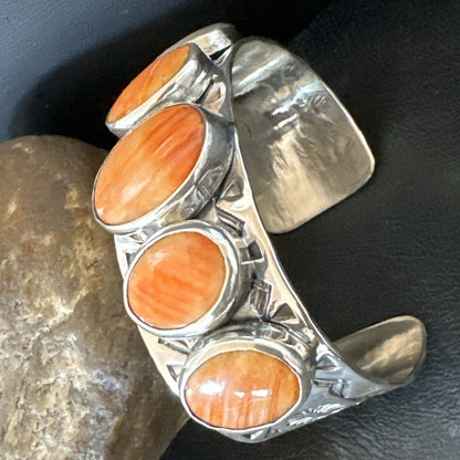 Stamped Orange Spiny Oyster Navajo Sterling Silver 5 Stone Cuff Bracelet 17941