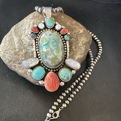 XL Royston Turquoise Spiny Cluster Pendant Navajo Sterling Silver Necklace 18750