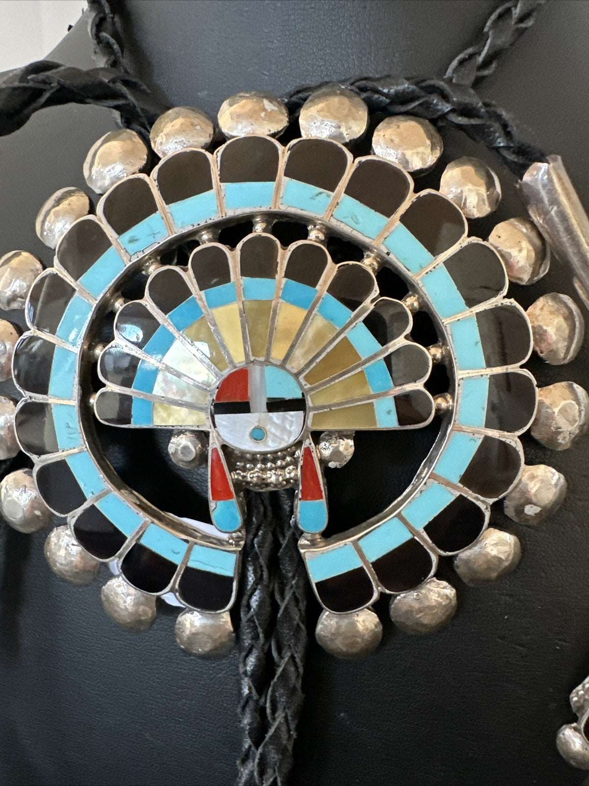 Mens Bolo Tie Zuni Sunface Kingman Turquoise Onyx Inlay Sterling Silver 18142