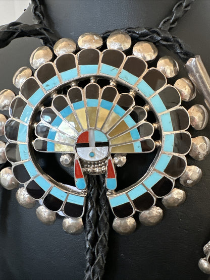 Mens Bolo Tie Zuni Sunface Kingman Turquoise Onyx Inlay Sterling Silver 18142