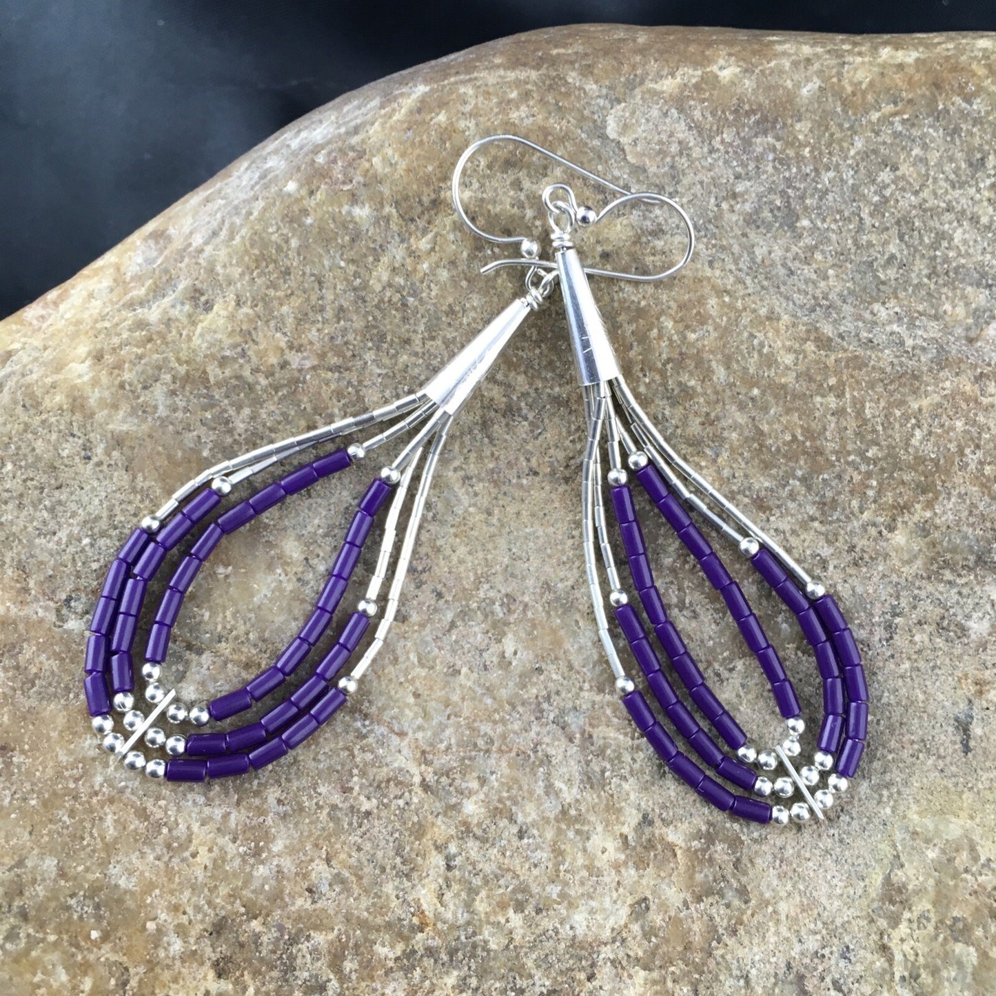 Purple Stone 3 Strands Heishi Liquid Sterling Silver Dangle Earrings 1989