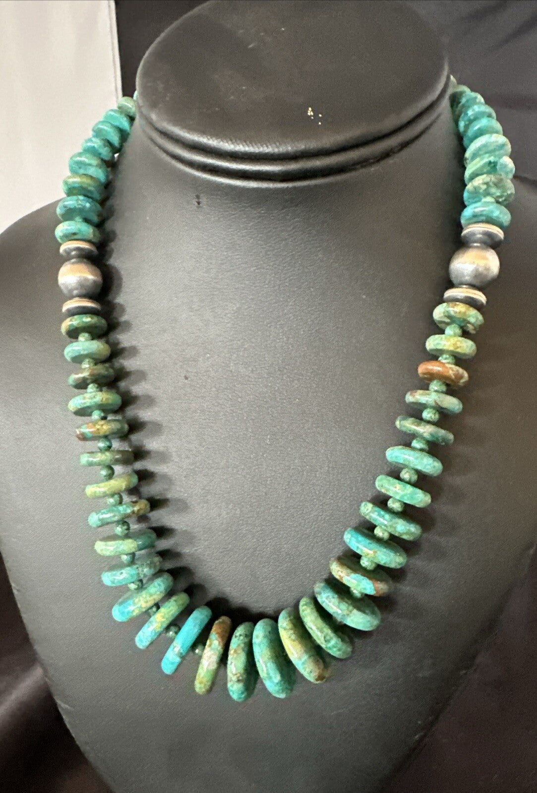 Navajo Graduated Turquoise Sterling Silver Necklace 19” 18421