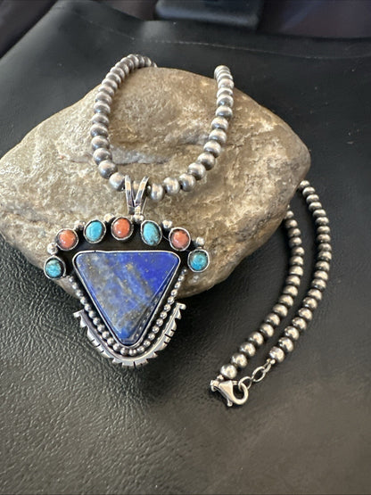 Blue Lapis Cluster Pendant Navajo Sterling Silver Beads Necklace 20" 18753