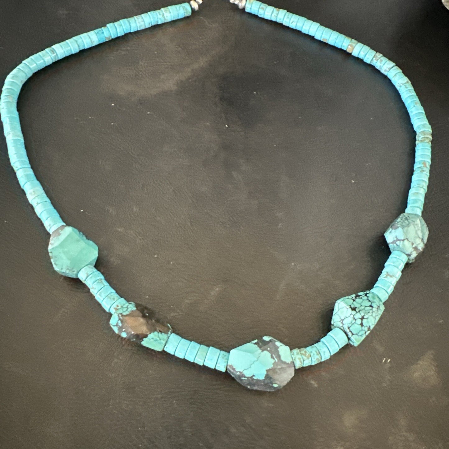 Native Turquoise Nugget Heishi Bead Navajo Sterling Silver Necklace 17807