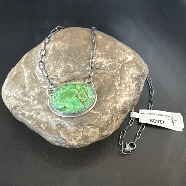 Navajo Chain Green Turquoise Necklace Pendant 20" | Sterling Silver | Authentic Native American Handmade | 11839