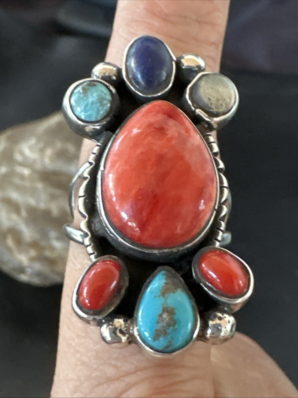 Cluster Blue Turquoise Spiny Oyster Onyx Sterling Silver Ring Size 9 18561