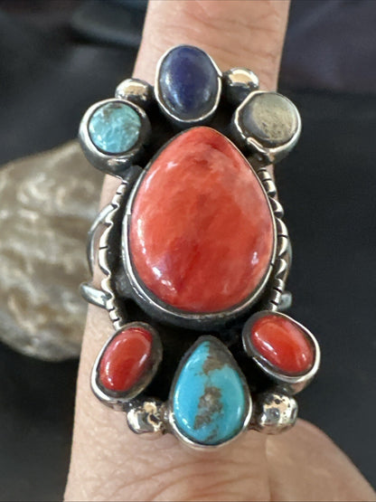 Cluster Blue Turquoise Spiny Oyster Onyx Sterling Silver Ring Size 9 18561