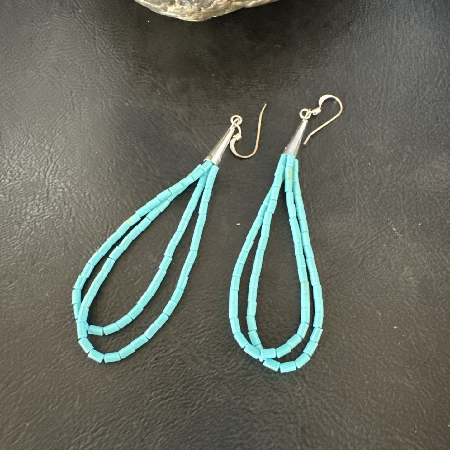 New Blue Turquoise Heishi 2 Strand Dangle Sterling Silver Earrings 3” 19039