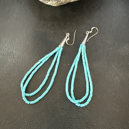 New Blue Turquoise Heishi 2 Strand Dangle Sterling Silver Earrings 3” 19039