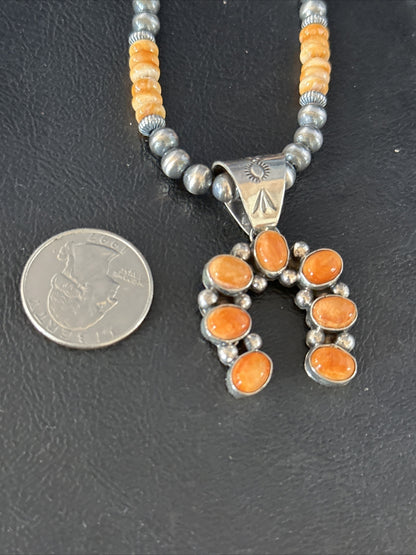 Orange Spiny Oyster Naja Pendant Navajo Pearls Sterling Silver Necklace 11346