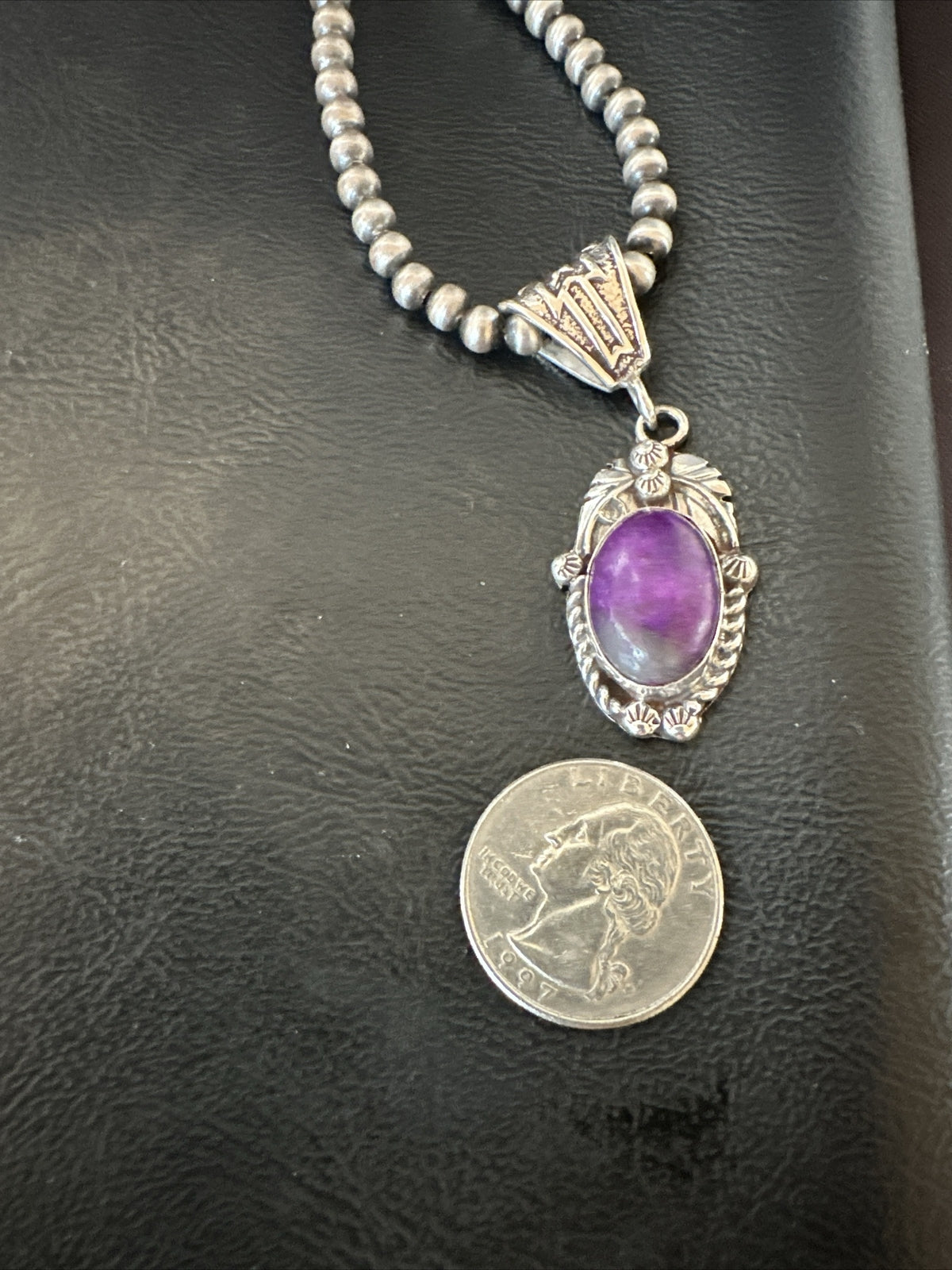 Purple Stone Pendant Sterling Silver Beads Necklace 20” 18048