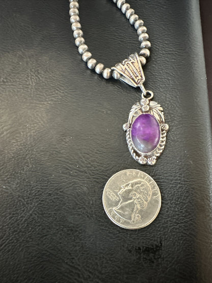 Purple Stone Pendant Sterling Silver Beads Necklace 20” 18048