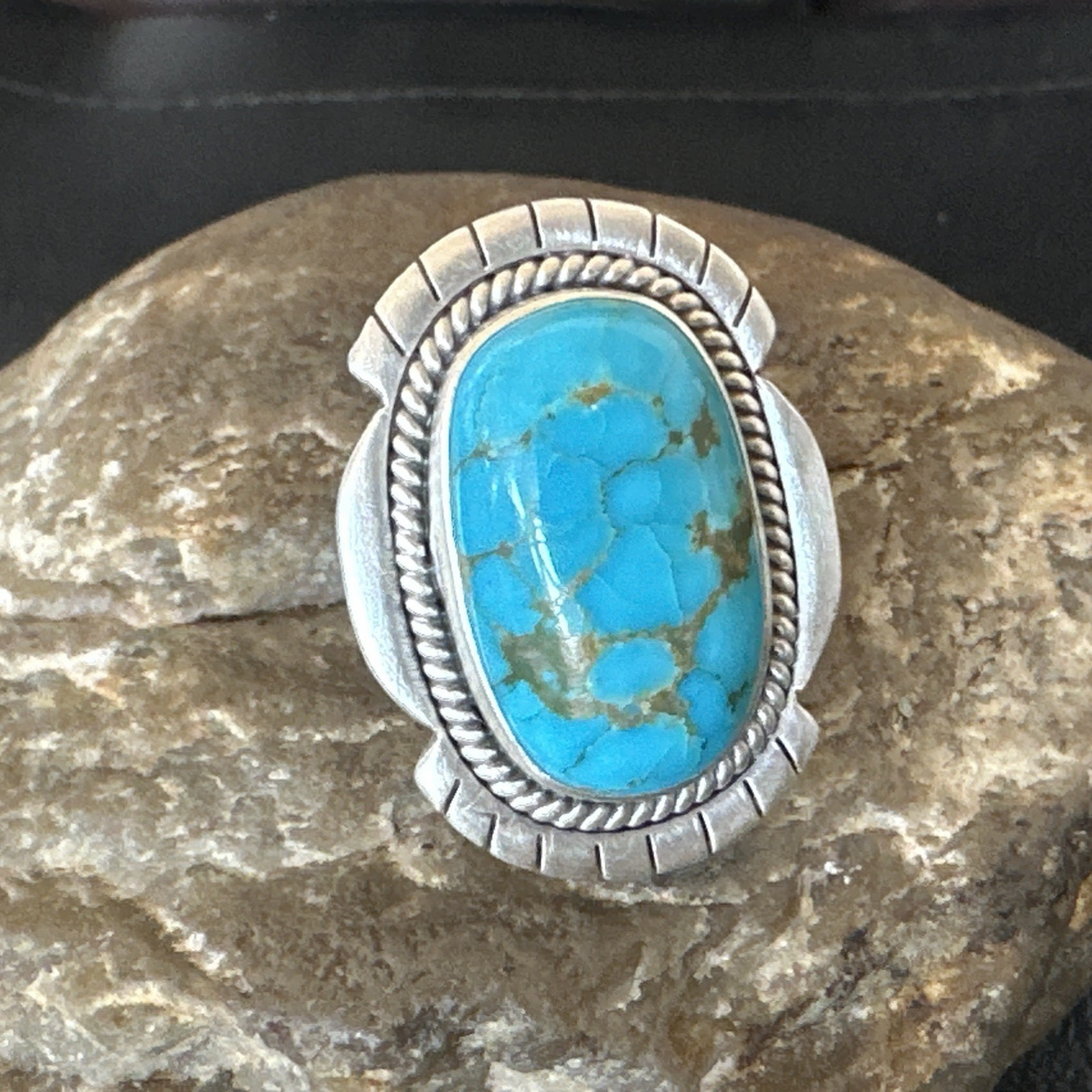 Navajo Sterling Silver Blue Kingman Turquoise Adjustable Ring Size 7 19005