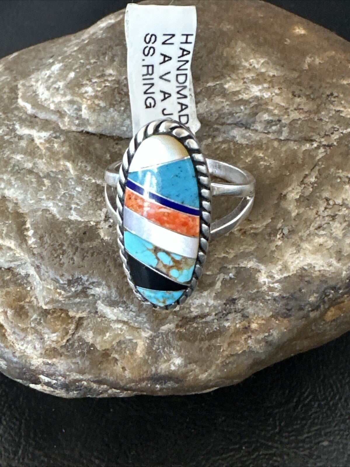 MultiColor Navajo Sterling Turquoise Spiny Oyster Inlay Ring Sz 8.5 18705