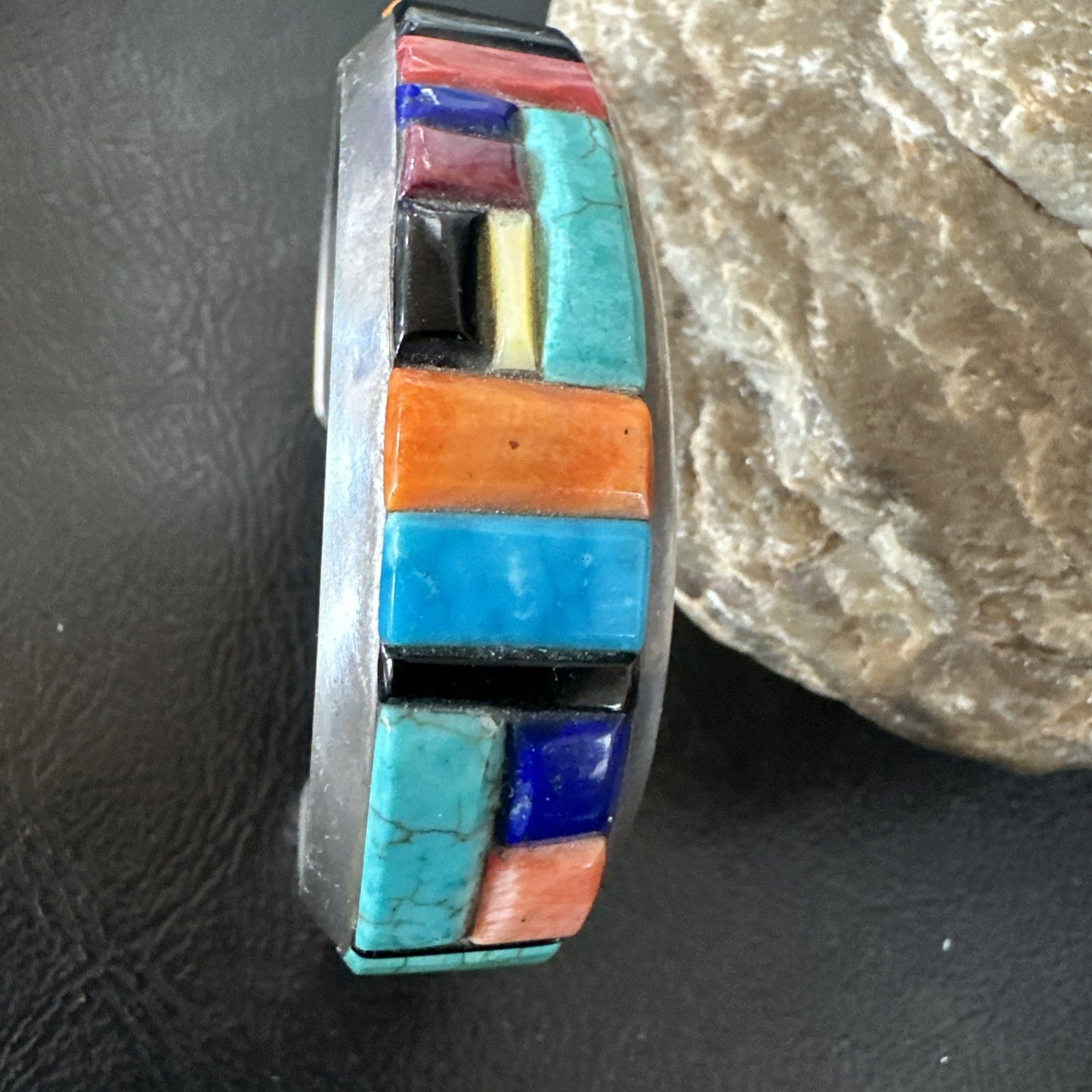 Mens Navajo Black Onyx Coral Turquoise Sterling Silver Cuff Bracelet Inlay 19501