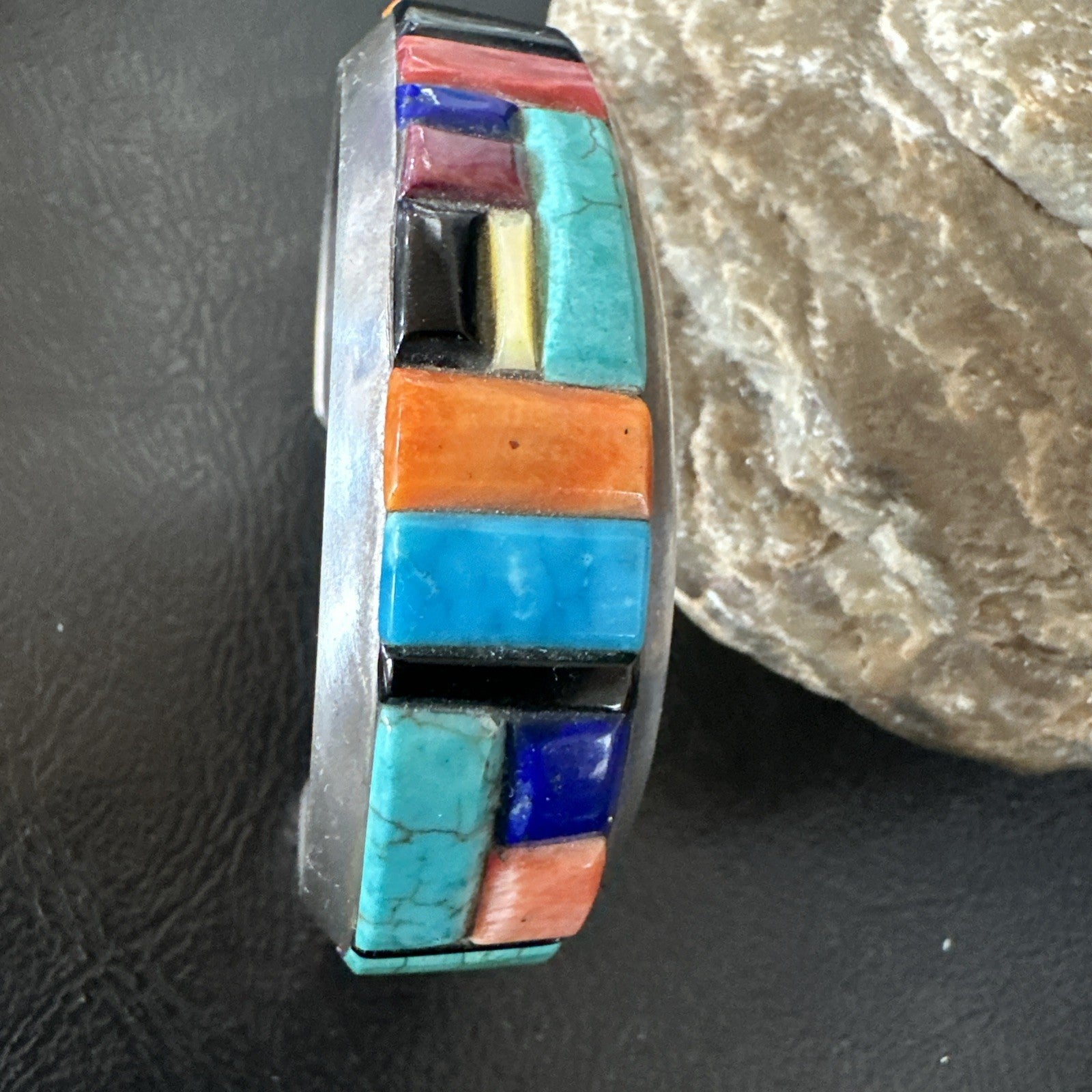 Mens Navajo Black Onyx Coral Turquoise Sterling Silver Cuff Bracelet Inlay 19501