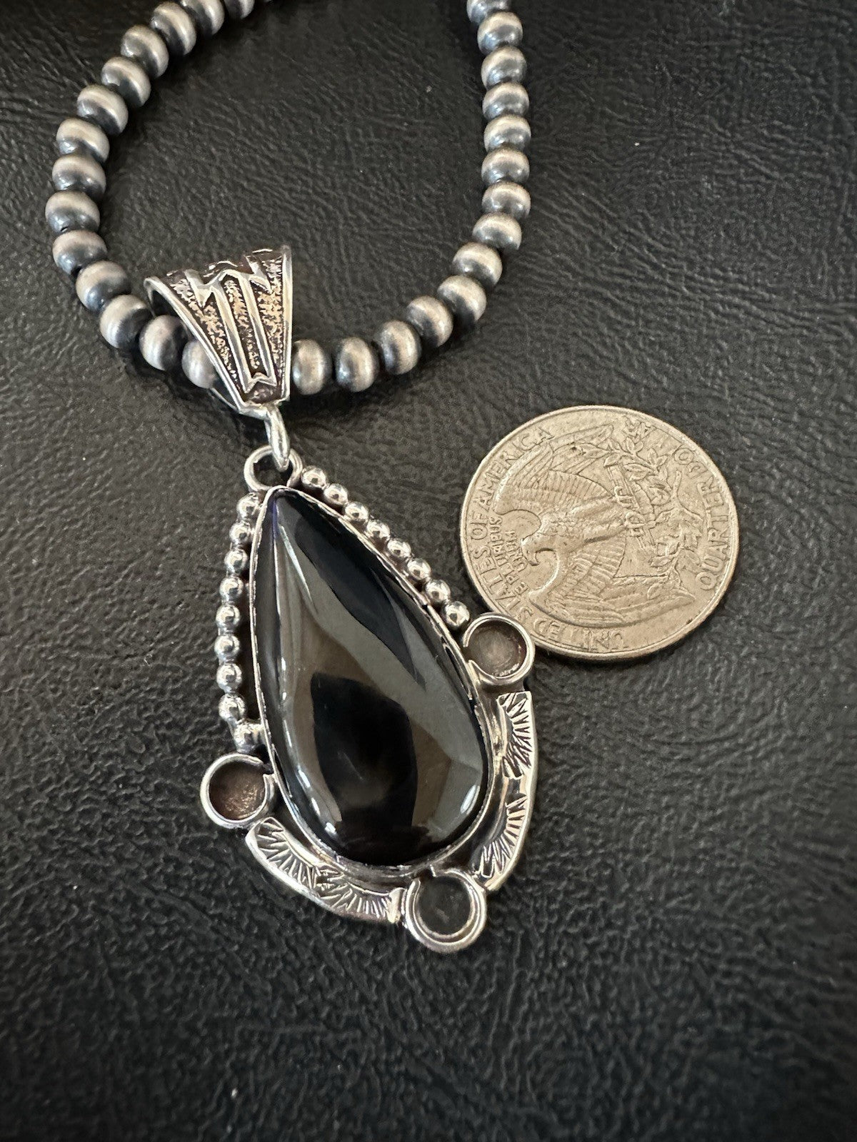 Black Onyx Pendant Navajo Pearls Sterling Silver Necklace 19385