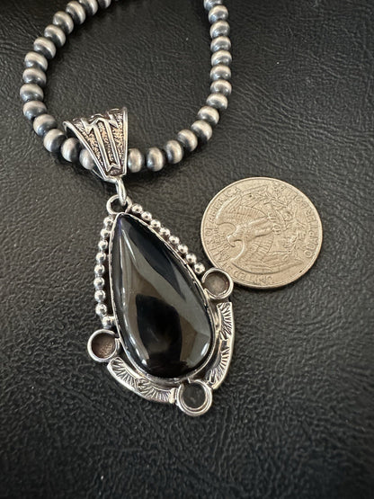 Black Onyx Pendant Navajo Pearls Sterling Silver Necklace 19385