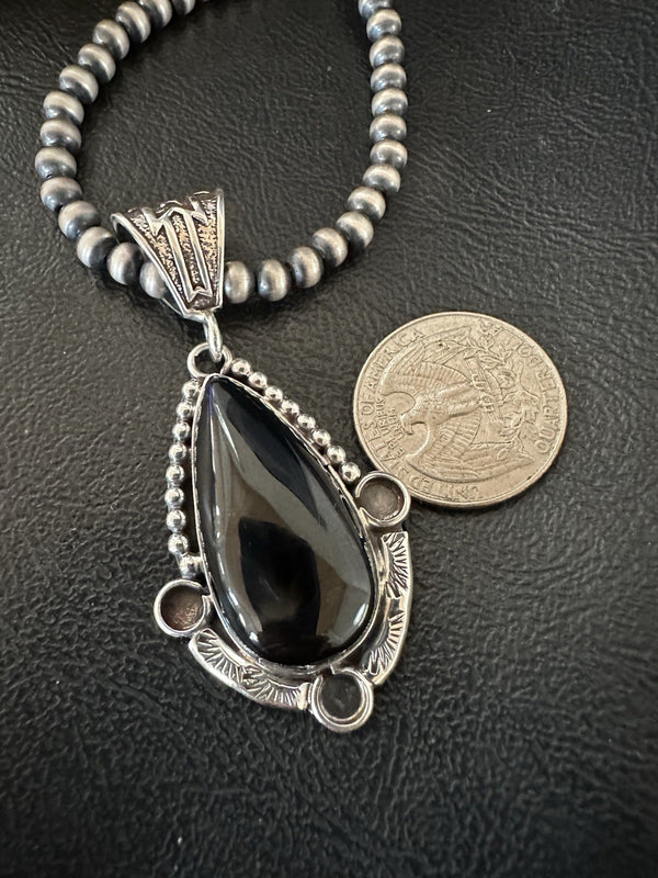 Black Onyx Pendant Navajo Pearls Necklace | Sterling Silver | Authentic Native American Handmade | 19385