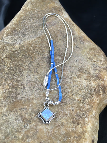 Girls Opal Pendant Lapis Beads Sterling Silver Necklace 15" 10124