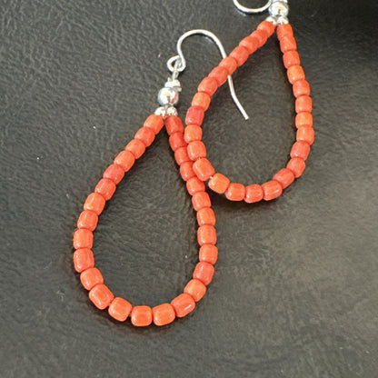 Red Coral Southwestern Sterling Silver Earrings 2” 18837
