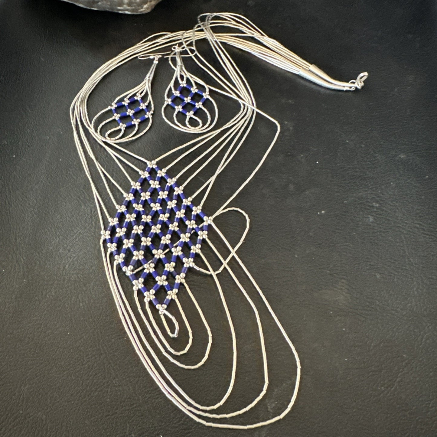 Lapis Heishi Tubes Pendant 7 Strand Sterling Silver Necklace Earrings 19753