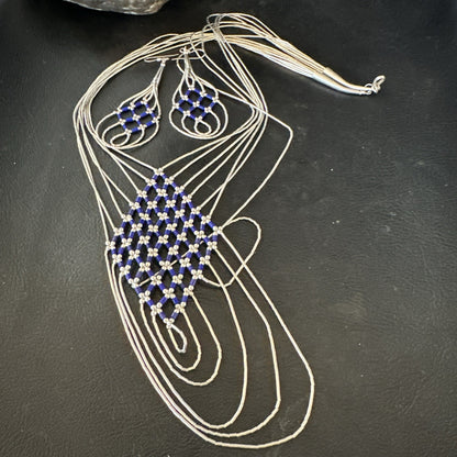 Lapis Heishi Tubes Pendant 7 Strand Sterling Silver Necklace Earrings 19753