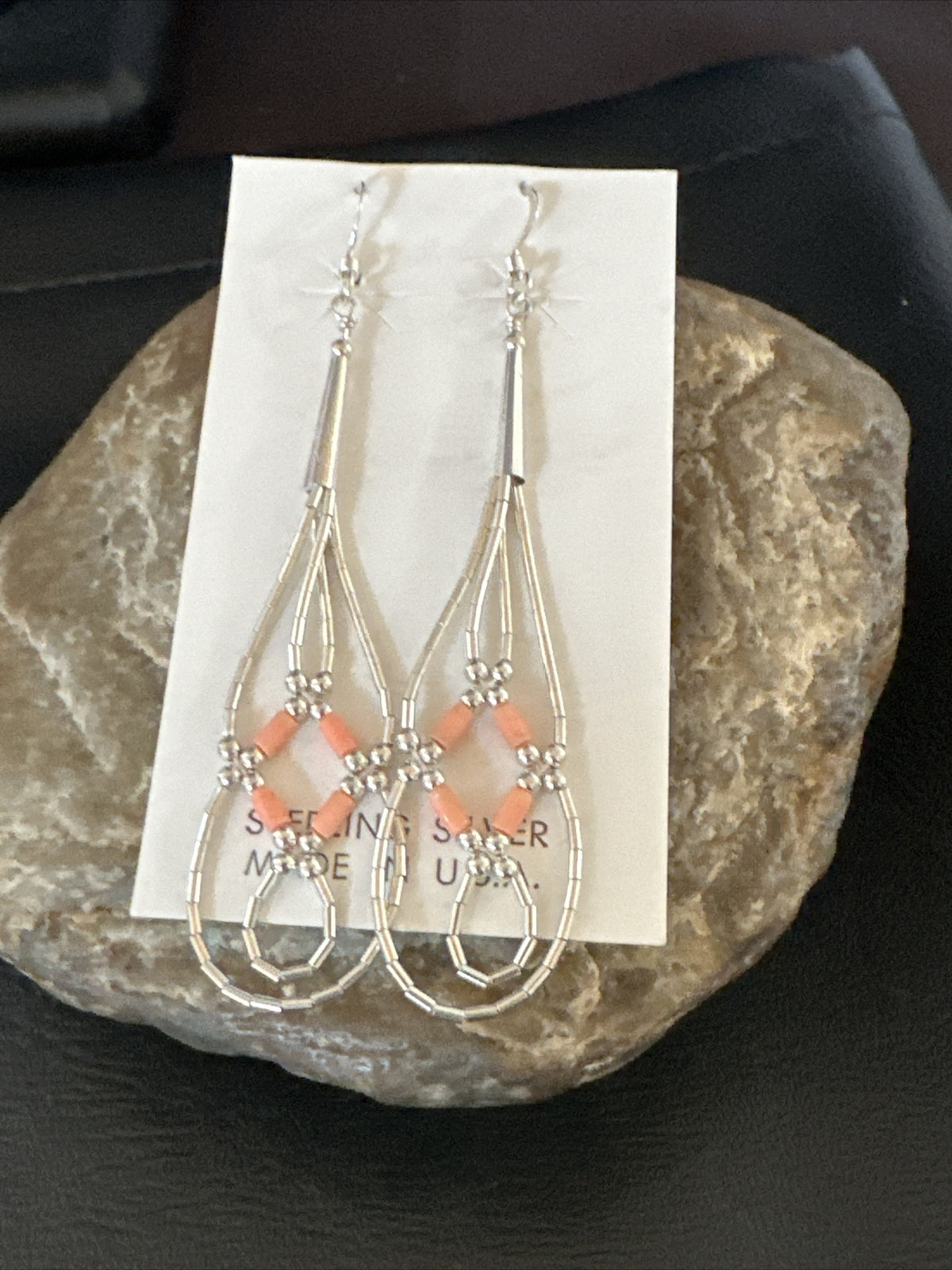 Pink Coral 2 Strands Heishi Liquid Sterling Silver Dangle Earrings 2" 17983