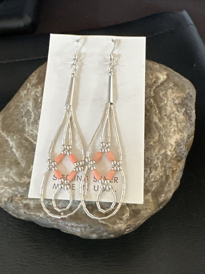 Pink Coral 2 Strands Heishi Liquid Sterling Silver Dangle Earrings 2" 17983