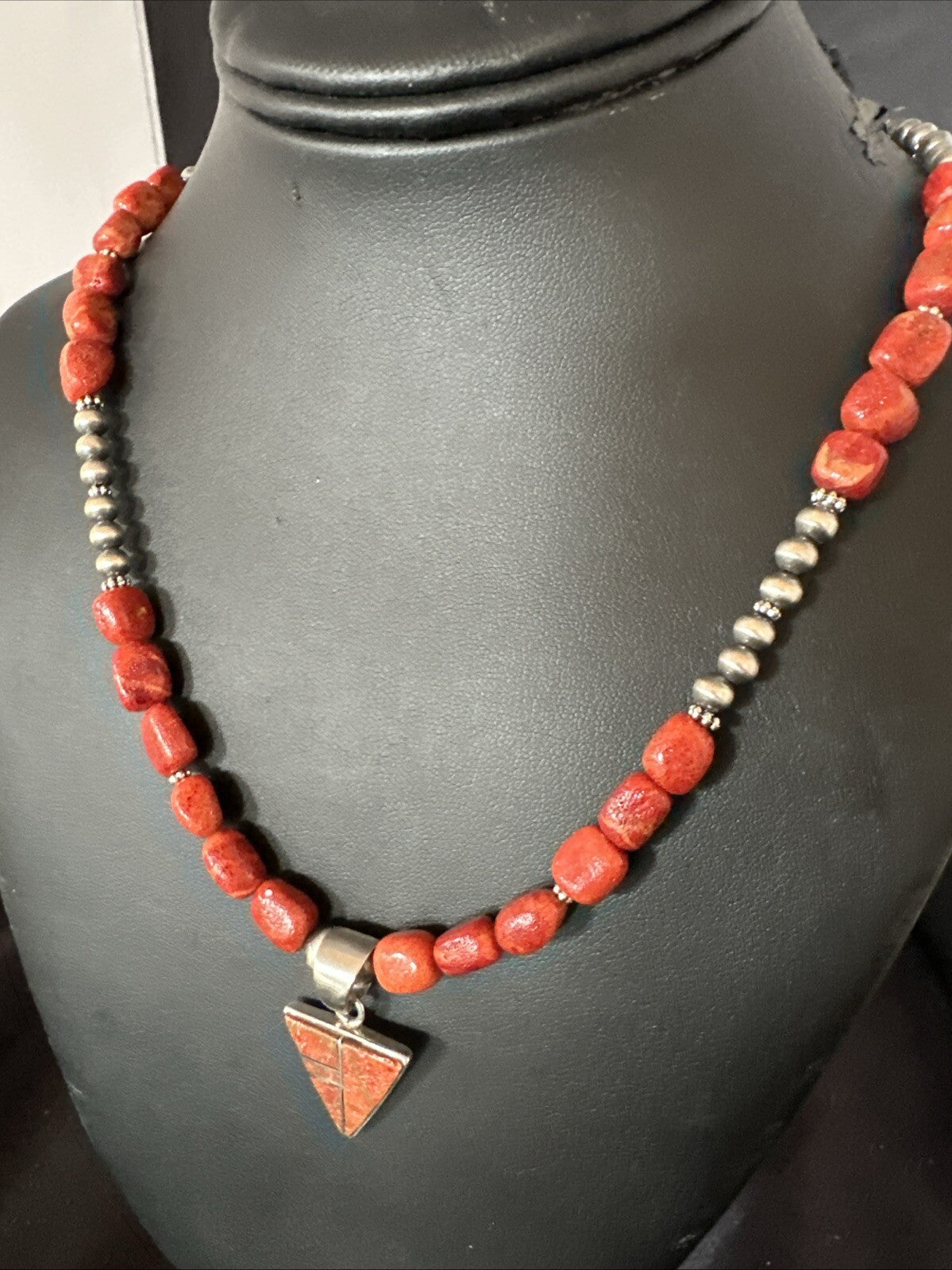 Navajo Apple Sponge Coral Sterling Silver Necklace Inlay Pendant 21” 18755