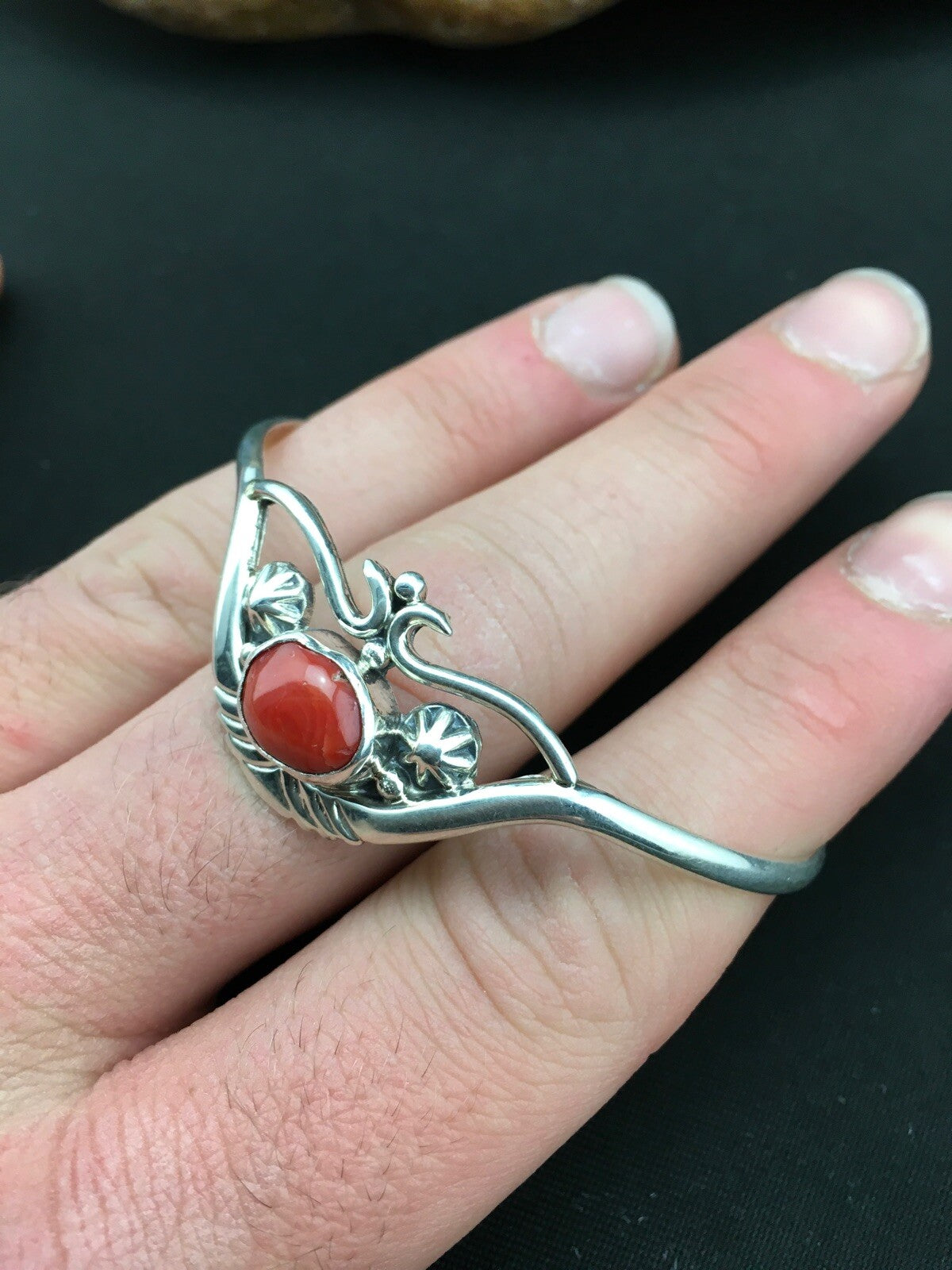 Native American Indian Coral Navajo Sterling Silver Cuff Bracelet 04747