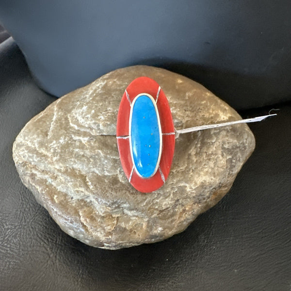 Blue Turquoise Coral Navajo Ring Size 7.5 | Sterling Silver | Authentic Native American Handmade | 18766