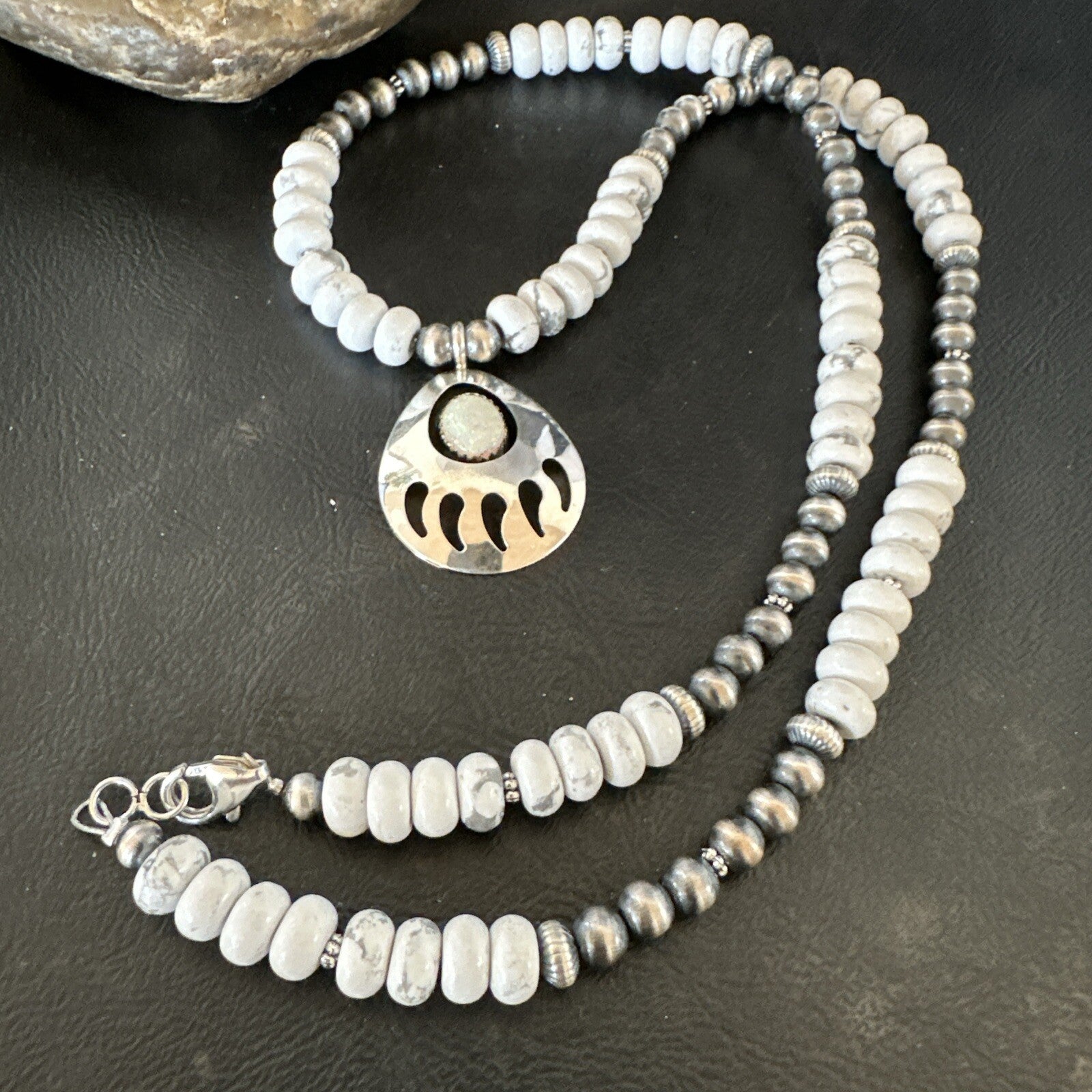 Mens White Opal BearPaw Pendant Navajo Howlite Sterling Silver Necklace 17884