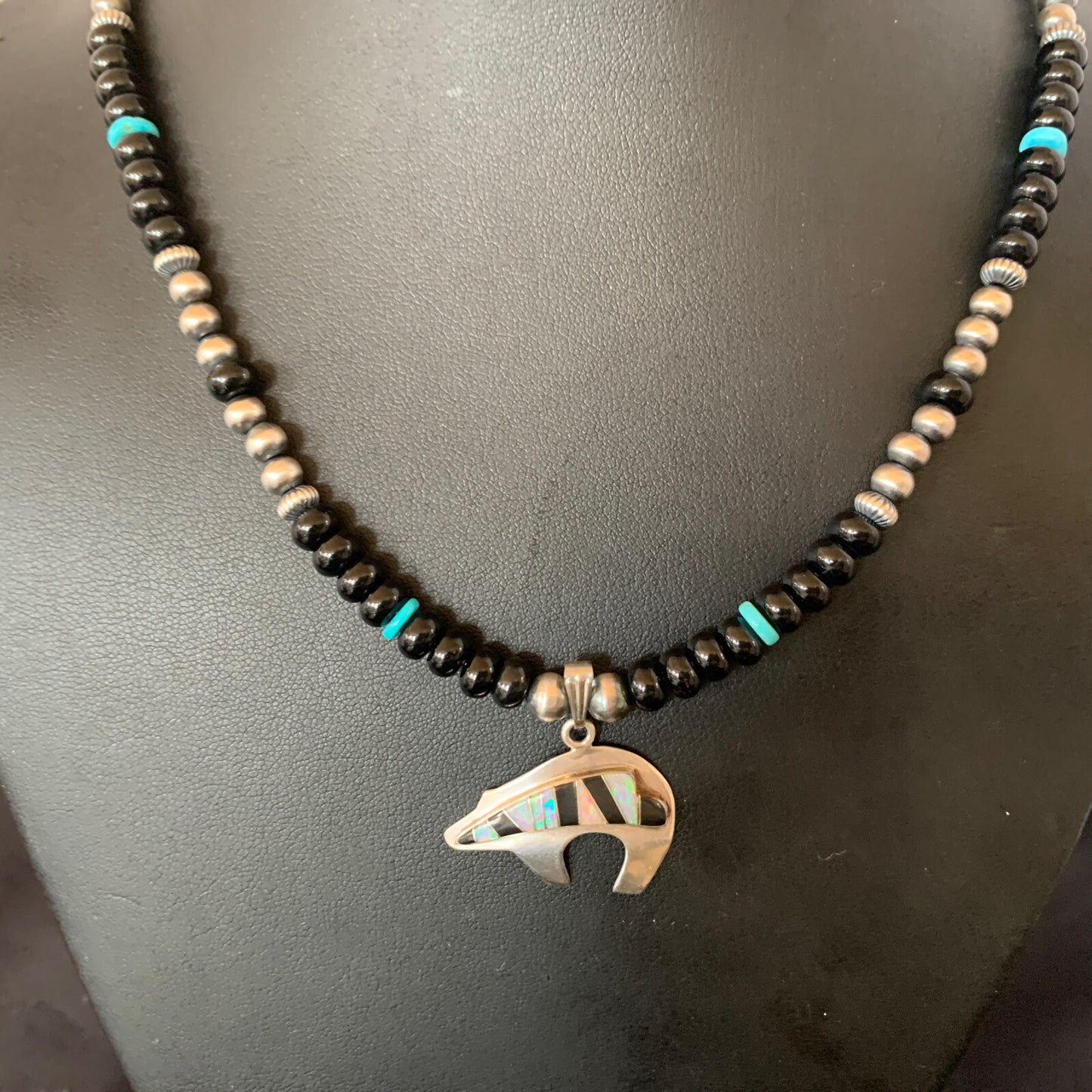 Turquoise Opal Inlay Pendant Black Onyx Navajo Sterling Silver Necklace 12688