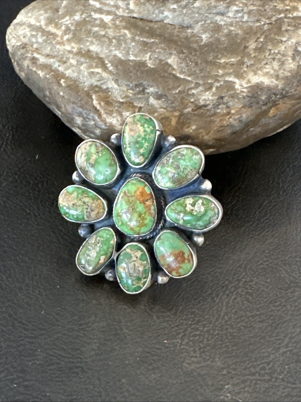 Navajo Sterling Silver Cluster Green Sonoran Gold Turquoise Ring Sz 8 18603