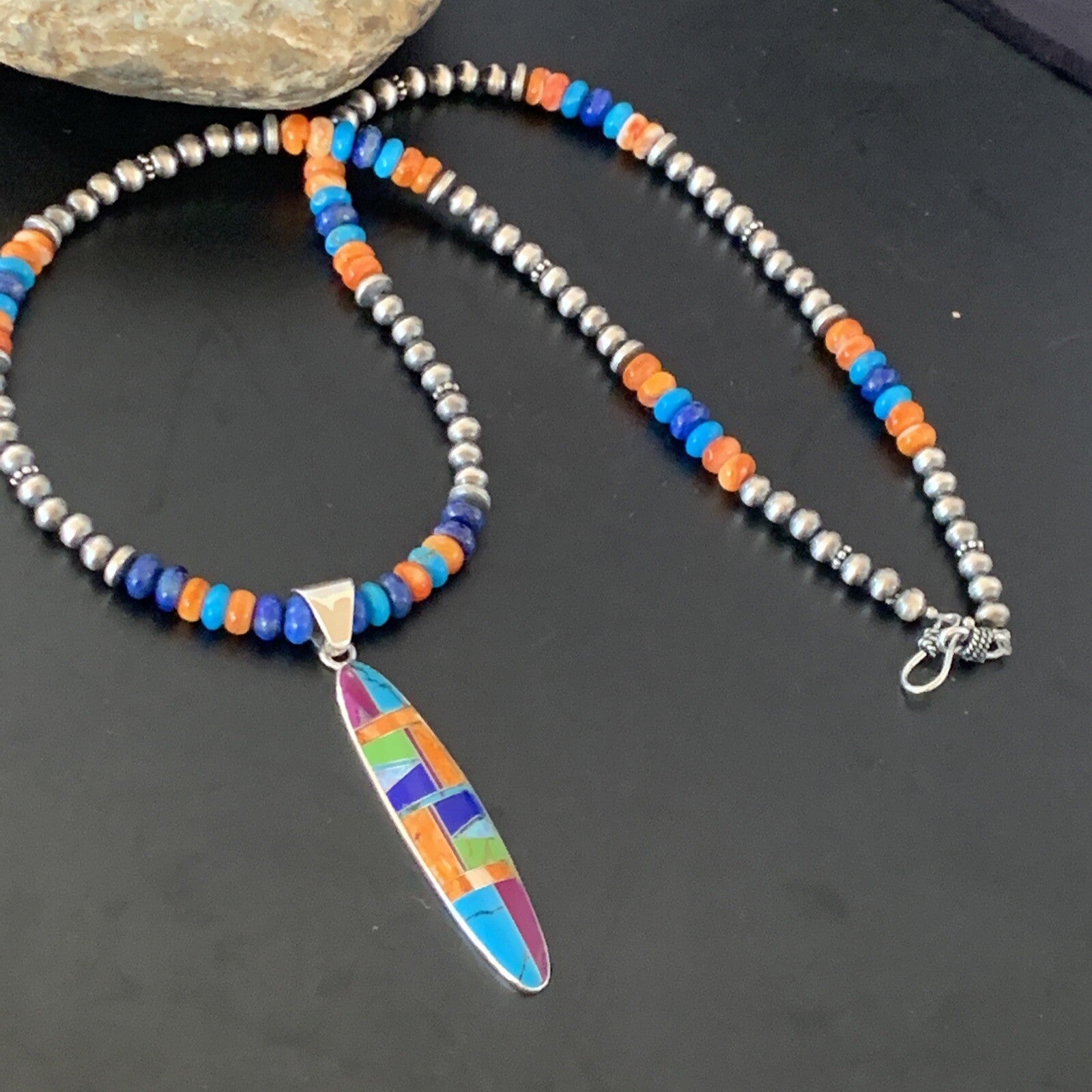 Spiny Oyster & Turquoise Pendant Sterling Silver Beads Necklace 21" 11361