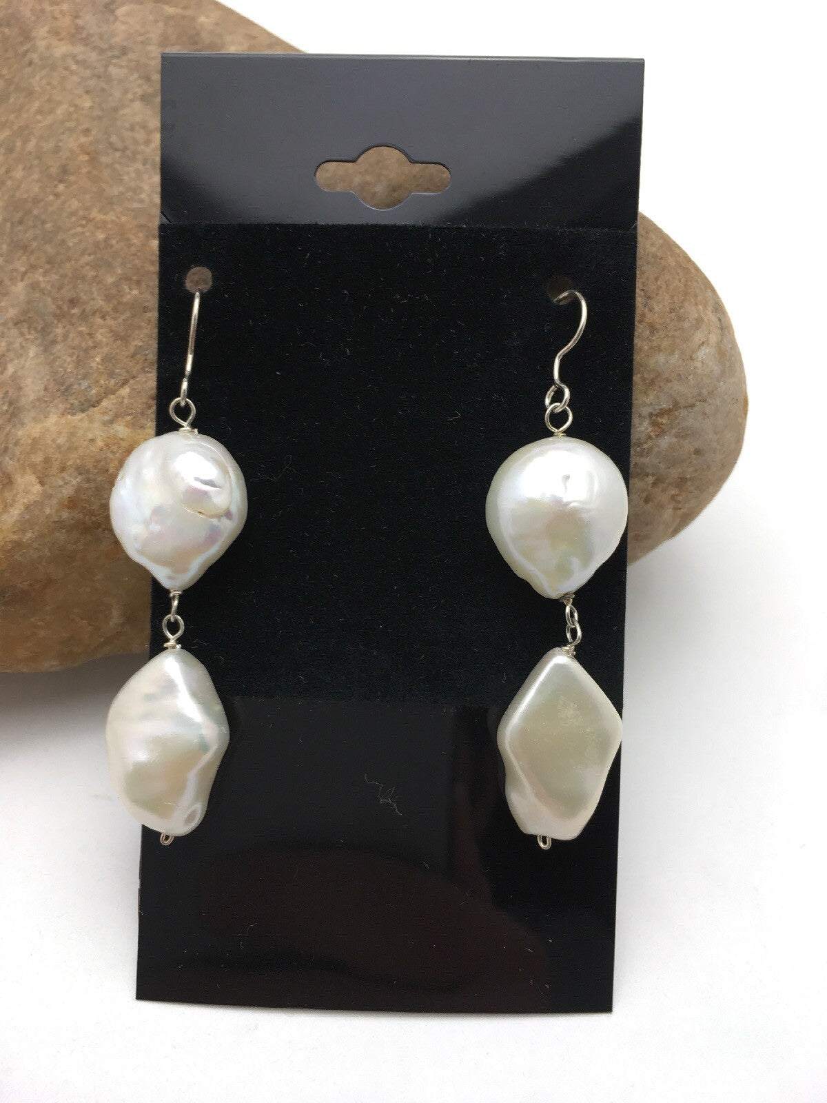 Beautiful White Sterling Silver Freshwater Pearl Dangle Earrings 1.5" 03078