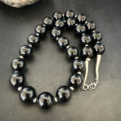 Black Onyx 16mm Large Bead Navajo Sterling Silver Necklace 20” 18787