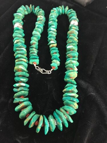 Navajo Turquoise & Spiny Oyster Necklace Sterling Silver 30" 8063