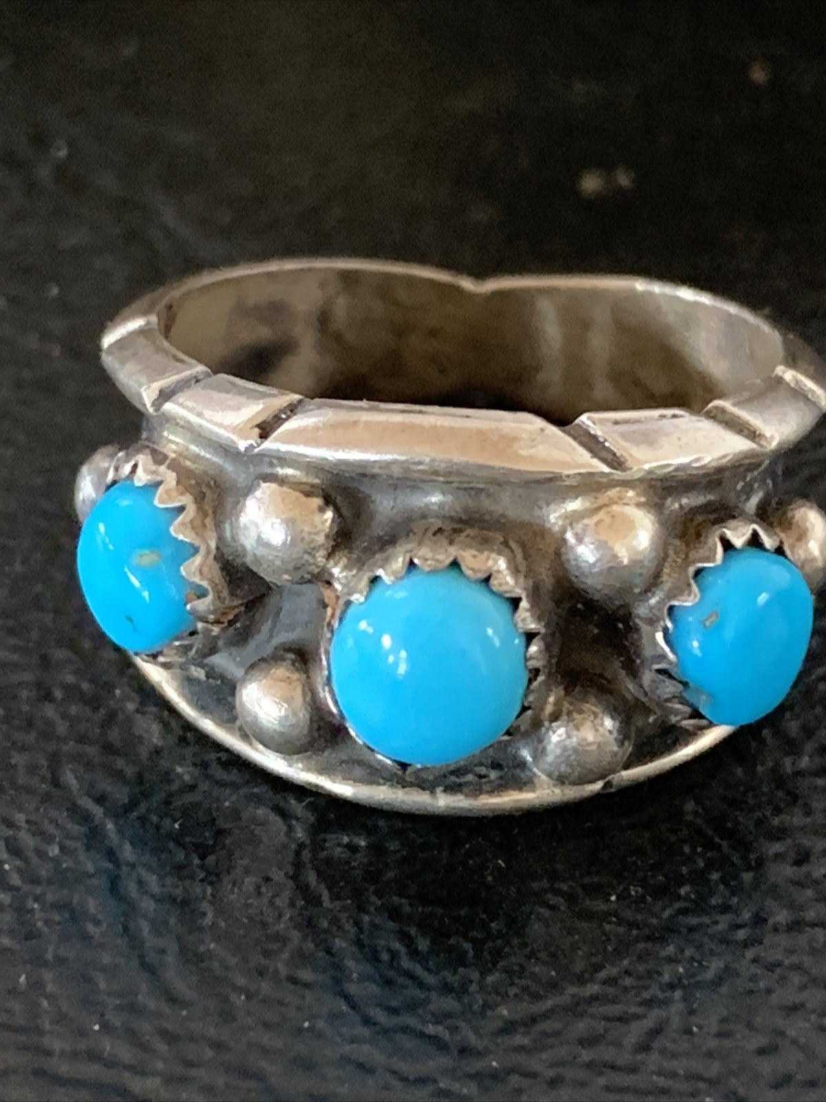 Blue Turquoise 3 stone Navajo Sterling Silver Old Pawn Ring Size 8 10788