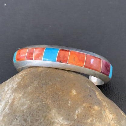 Mens Red Spiny & Turquoise Navajo Sterling Silver Inlay Bracelet 1647
