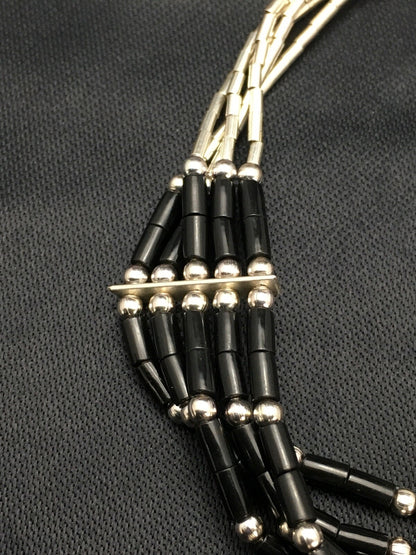 Black Onyx Heishi 5 Strand Southwestern Liquid Sterling Silver Bracelet 7" 02932