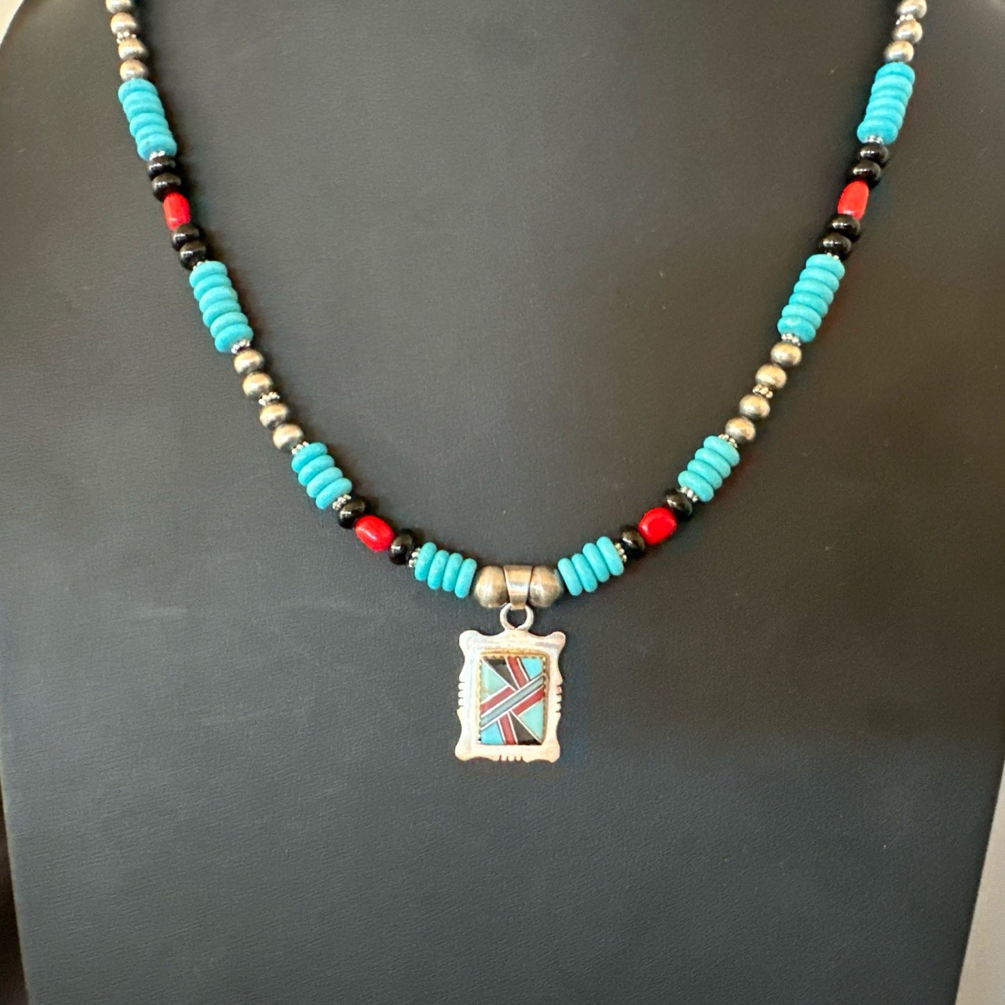 Multicolor Turquoise Coral Navajo Sterling Silver Inlay Pendant Necklace 19649