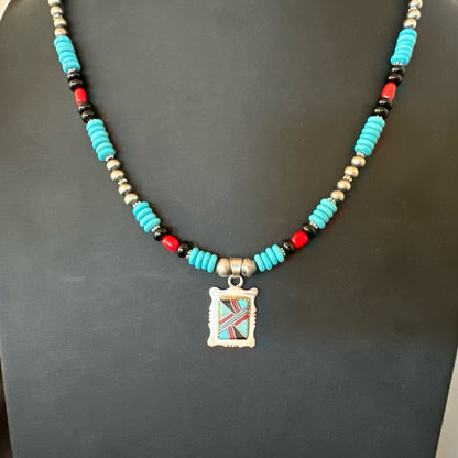 Multicolor Turquoise Coral Navajo Sterling Silver Inlay Pendant Necklace 19649