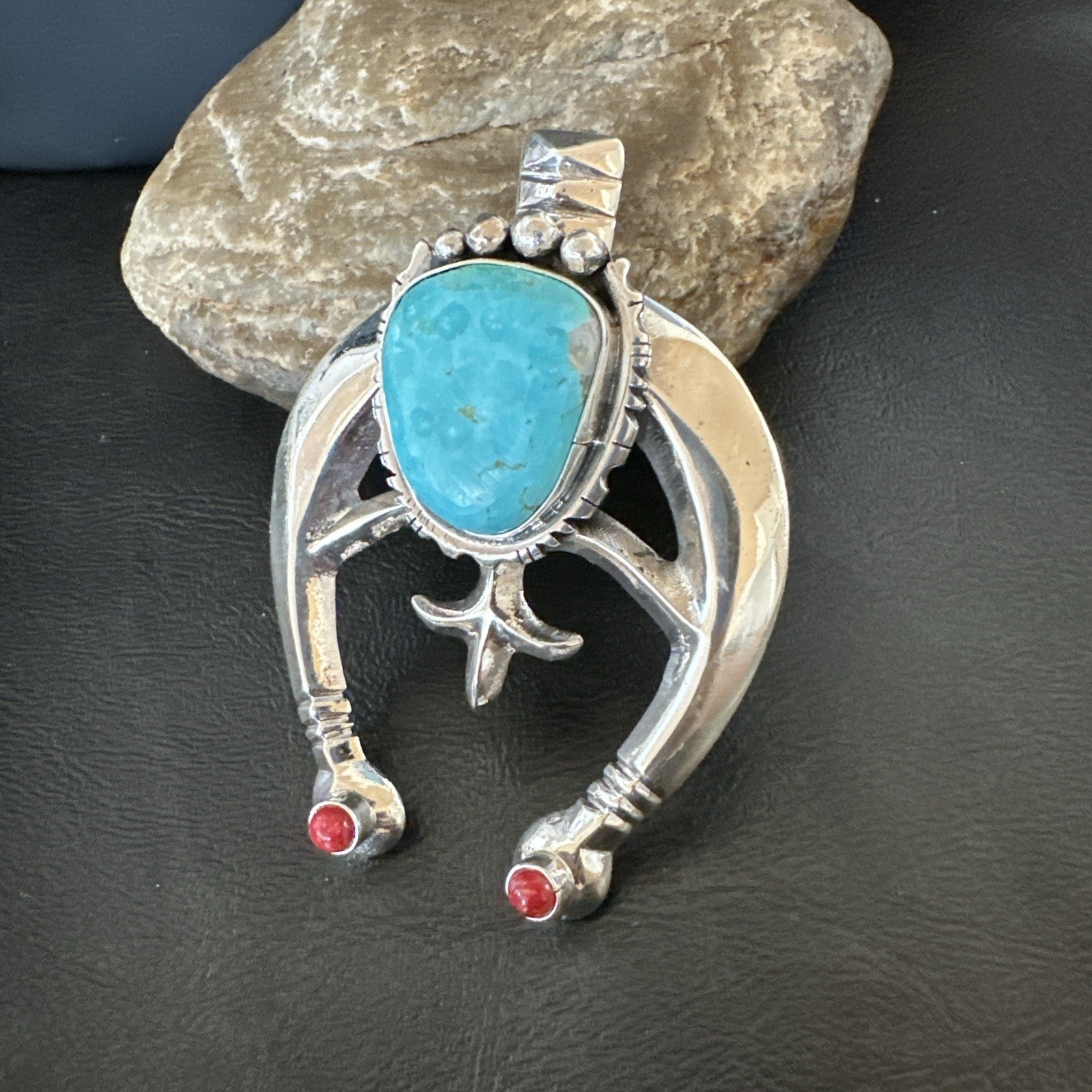 Tufa Cast Navajo Sterling Silver Blue Kingman Turquoise Coral Naja Pendant 19355