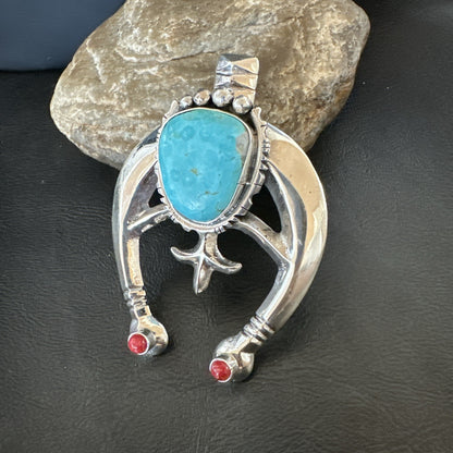 Tufa Cast Navajo Sterling Silver Blue Kingman Turquoise Coral Naja Pendant 19355